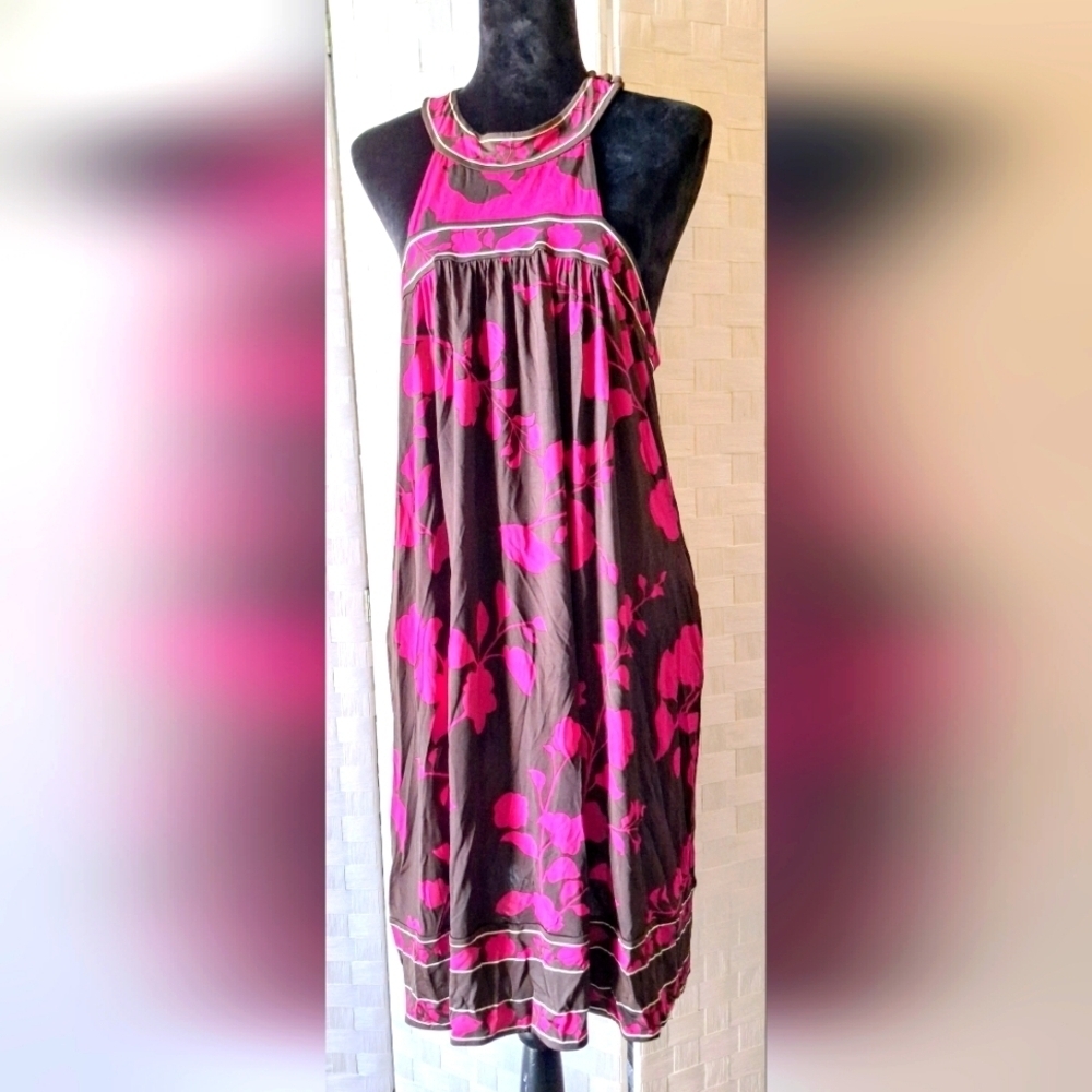 Vintage BCBG MaxAzaria Pink and Brown Floral Halter Dress
